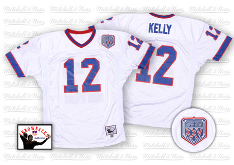 Men's Authentic Jim Kelly Mitchell and Ness Jersey White Road - #12 Throwback NFL Buffalo Bills